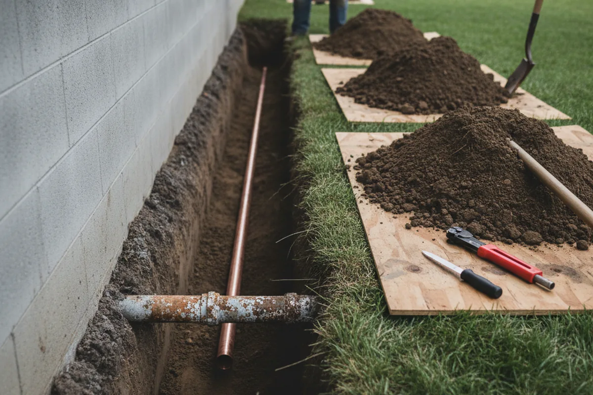 Excavated water line trench during Water Softener Installation in Waccabuc